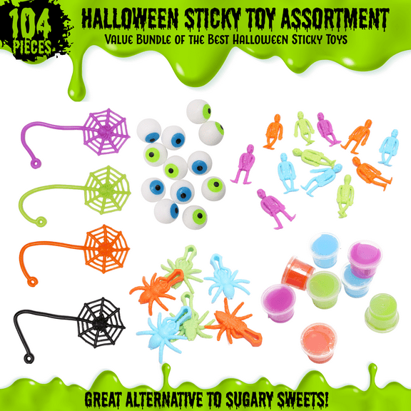 Halloween Sticky Toys Assortment Value Bundle, Slime Novelty Prizes, Party Favors 104 Pcs