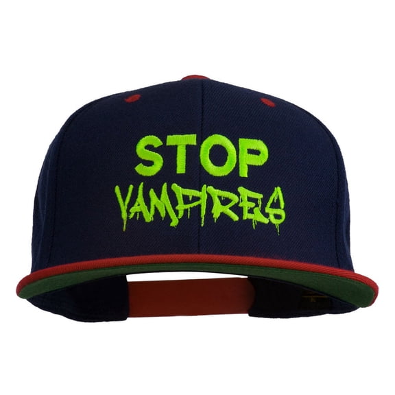 Halloween Stop Vampires Embroidered Snapback Cap - Navy Red OSFM
