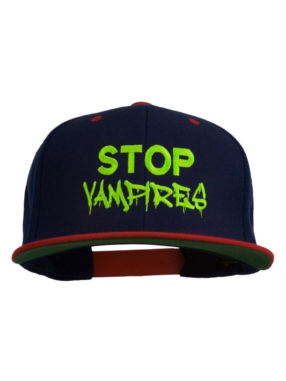 Halloween Stop Vampires Embroidered Snapback Cap - Navy Red OSFM