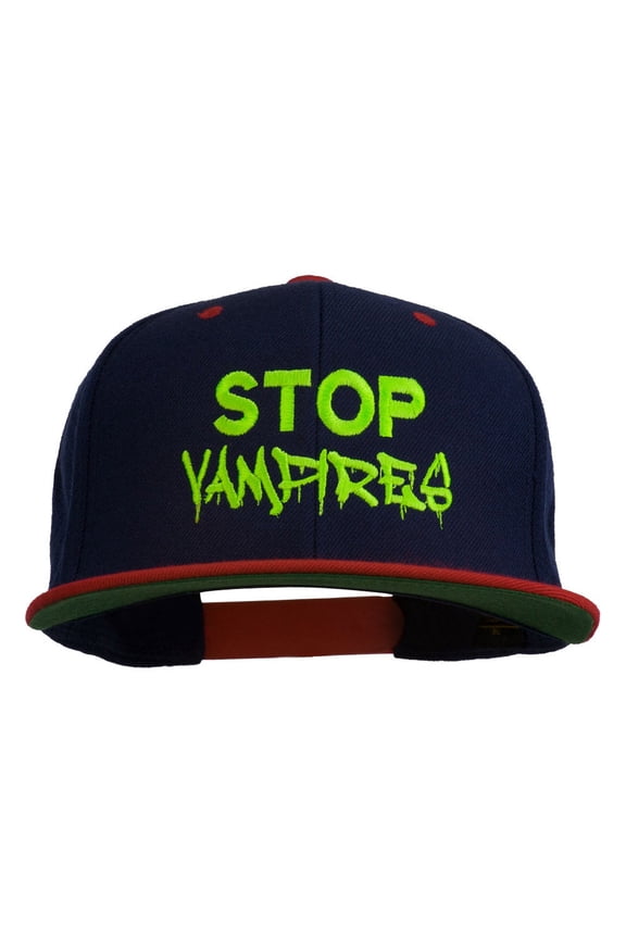 Halloween Stop Vampires Embroidered Snapback Cap - Navy Red OSFM