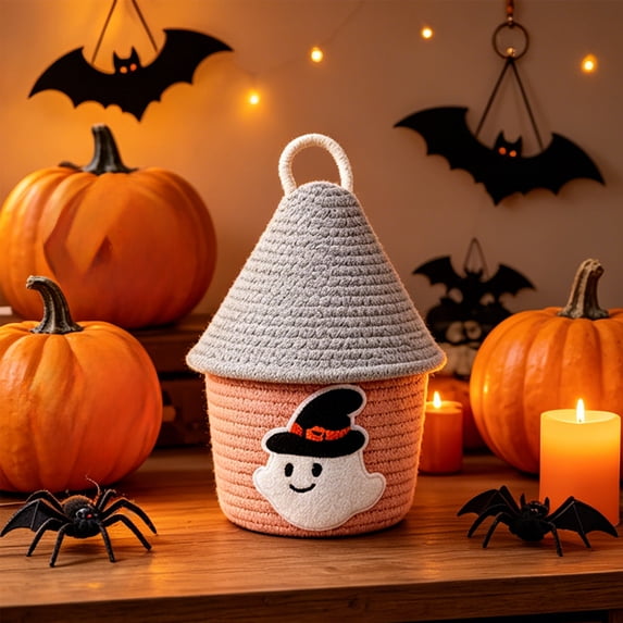 Halloween Storage Basket Cotton Rope Woven Toy Snack Organizer 6.7x9.8in Cute Home Decor Storage Box by OVFUIZ