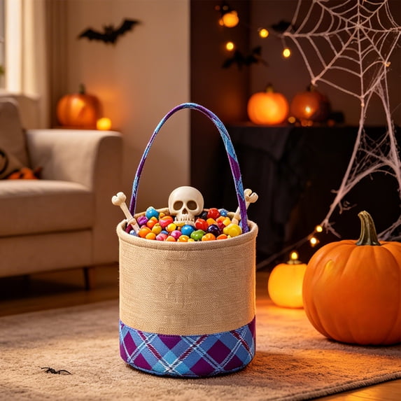 Halloween Storage Basket, Imitation Linen Cloth Candy Basket with Plaid Accents, Hangable Treat Holder for Trick-or-Treating, Spacious Party Supply for Holiday Decor, Indoor, Linen Basket, Sky Blue