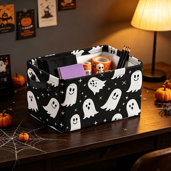 Halloween Storage Basket Large Capacity Foldable Canvas Organizer 14x10x8in with Handle for Home Closet Decor by OVFUIZ