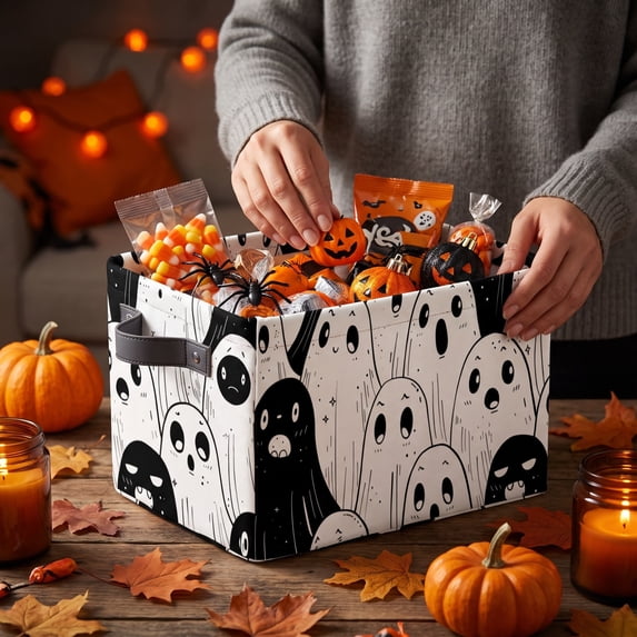 Halloween Storage Basket Large Capacity Foldable Canvas Organizer 14x10x8in with Handle for Home Closet Decor by OVFUIZ
