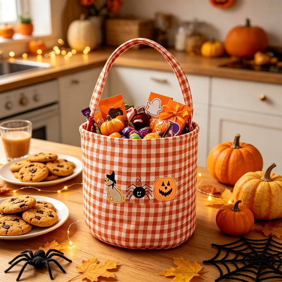 Halloween Storage Basket Plaid Fabric Handheld 8.6x9.1in with Ghost Pumpkin Print for Festival Party Decor by OVFUIZ