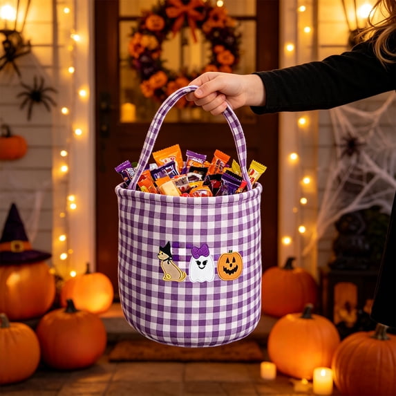 Halloween Storage Basket Plaid Fabric Handheld 8.6x9.1in with Ghost Pumpkin Print for Festival Party Decor by OVFUIZ