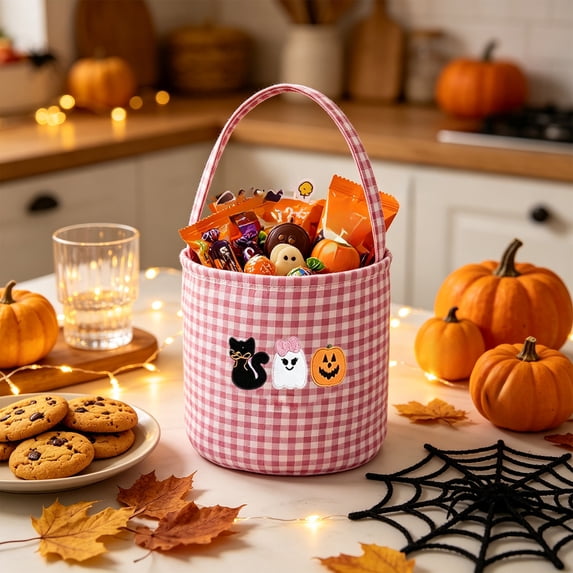 Halloween Storage Basket Plaid Fabric Handheld 8.6x9.1in with Ghost Pumpkin Print for Festival Party Decor by OVFUIZ