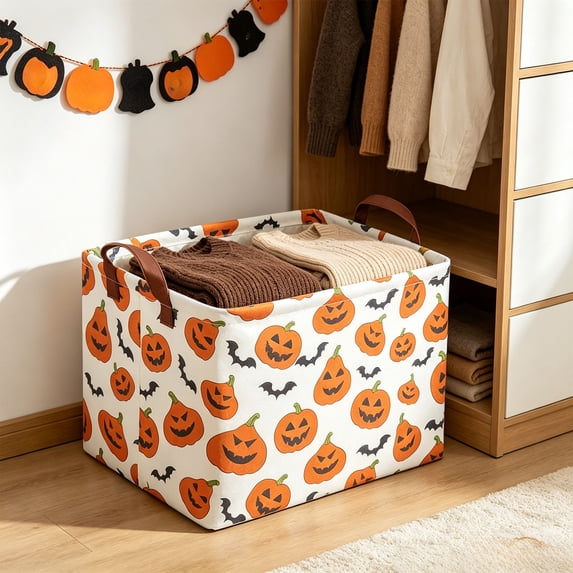 Halloween Storage Bins Collapsible Foldable Toy Organizer Basket 14.9x10.2x9.8in with Handles Spooky Pumpkin Ghost Decor by OVFUIZ