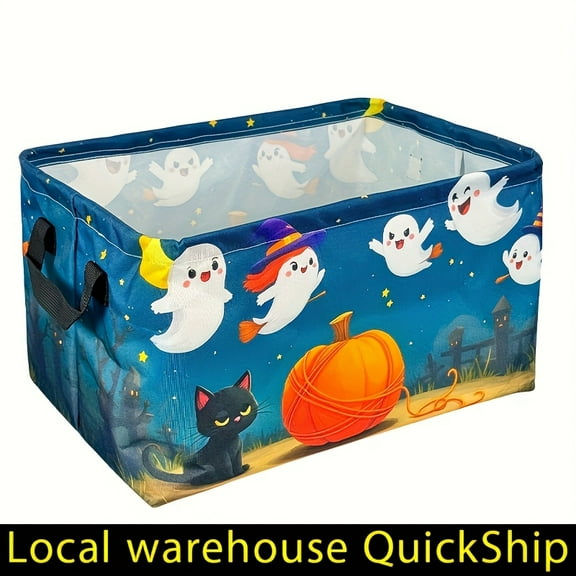 Halloween Storage Bins With Lids And Handles, Halloween Background With Pumpkins Ghosts And Cemetary Storage Box Storage Basket, Gift Basket Teacher Basket Book Basket,Halloween Basket, Spooky Basket