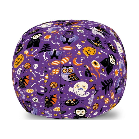Halloween Storage Toy Bag Chair, Cartoon Design Horror Symbols of Vampire Ghost Skeleton and Candies, Stuffed Animal Organizer Washable Bag, Small Size, Blue Violet and Orange, by Ambesonne