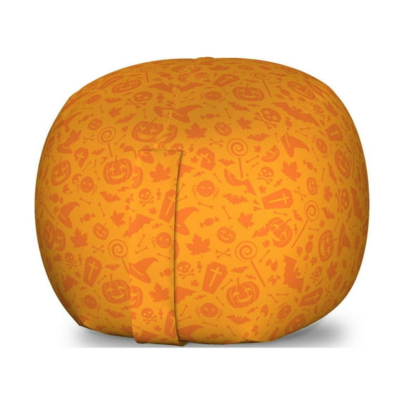 Halloween Storage Toy Bag Chair, Monochrome Design Traditional October Themed Various Objects Pumpkin Bat Print, Stuffed Animal Organizer Washable Bag, Small Size, Orange, by Ambesonne