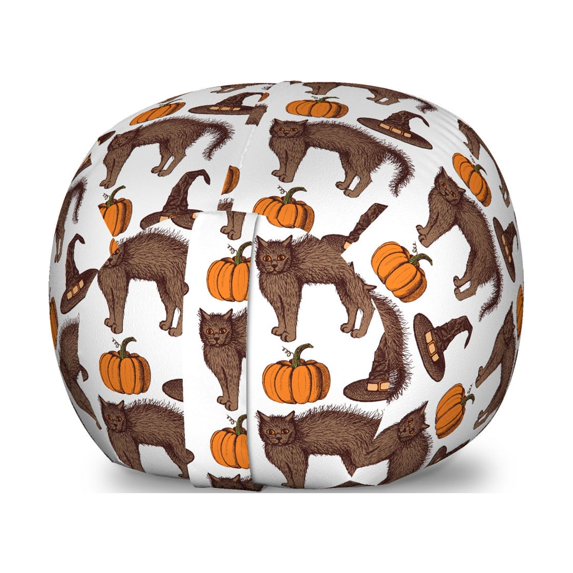 Halloween Storage Toy Bag Chair, Seasonal Vintage Pattern with Pumpkin Squash Witch Hats and Cat, Stuffed Animal Organizer Washable Bag, Small Size, Brown Orange Green, by Ambesonne