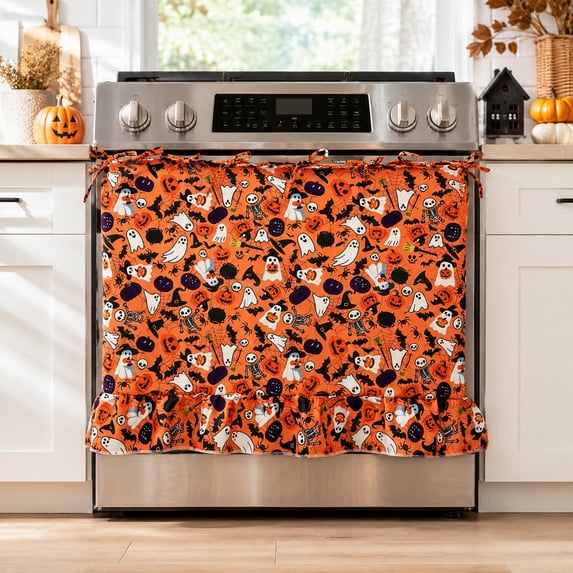 Halloween Stove Skirt Oven Curtain for Kitchen Decor, Stove Curtain with Ruffle Trim with 8 Ribbon Ties, Halloween Oven Curtain Cover Oven Skirt Curtain for Cottage Kitchen