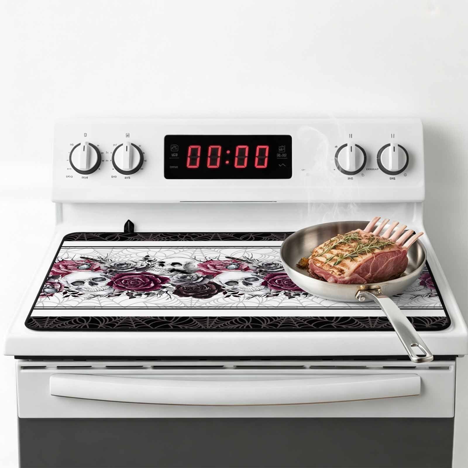 Halloween Stove Top Cover for Electric Stove, Heat-proof & Non Slip Glass Top Stove Cover Protector, Black Purple Skull Roses Horror Flower Kitchen Flat Cooktop Rubber Mat 24x21 Inches