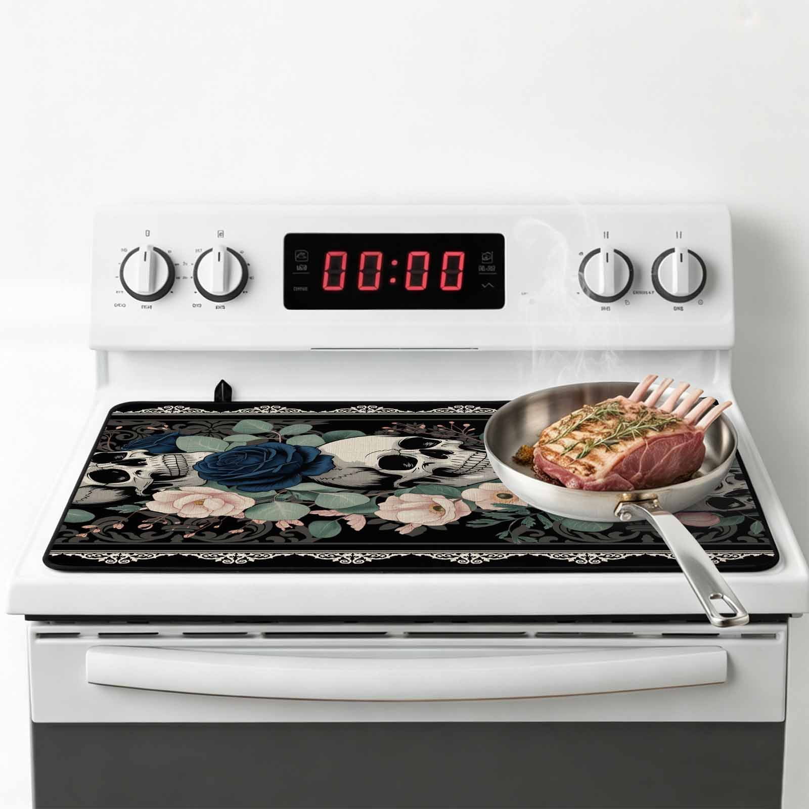 Halloween Stove Top Cover for Electric Stove, Heat-proof & Non Slip Glass Top Stove Cover Protector, Boho Horror Skull Flower Leaf Black Kitchen Flat Cooktop Rubber Mat 24x21 Inches