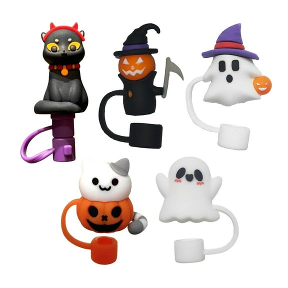 Halloween Straw Covers 5PCS Set - Ghost Shaped Silicone Straw Toppers for Water Bottles, Tumbler Cup Accessories & Spooky Drink Decor