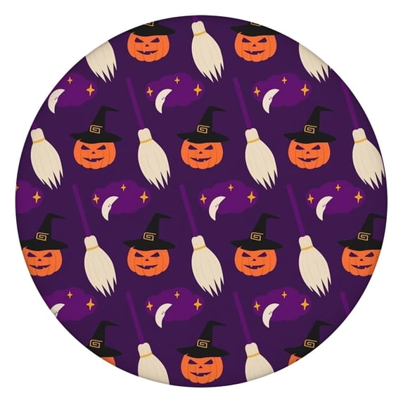Halloween Stretch Round Tablecloth with Elastic Hem - 52 Inch Elasticized Cover for Kitchen Dining Party, Tear Resistant