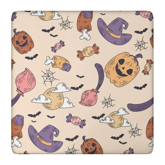 Halloween Stretch Table Cover 36x36 Inch Square - Elastic Edge Design with Ghosts and Pumpkins Pattern for Festive Table Decor