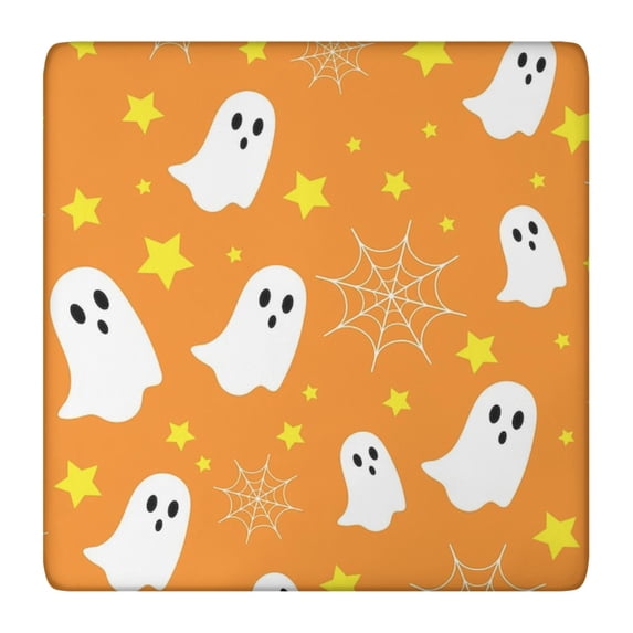Halloween Stretch Table Cover 36x36 Inch Square - Elastic Hem Design with Ghosts and Pumpkins Pattern for Festive Table Decor