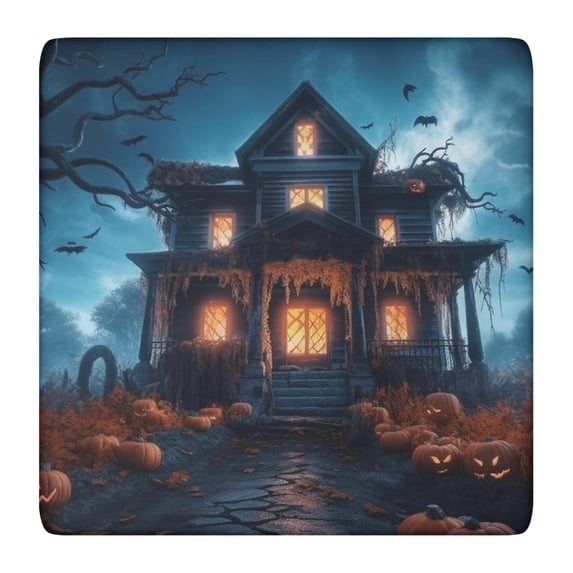 Halloween Stretch Table Cover 36x36 Inch Square - Elastic Hem Design with Ghosts and Pumpkins Pattern for Festive Table Decorations