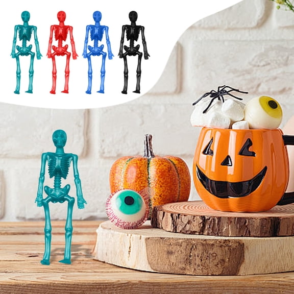 Halloween Stretchable Skeleton Figurine, 3.5 in Soft Rubber Mini Decor Prop for Party Table Display, Red