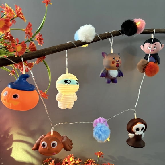 Halloween String Lights,1.65m 10LEDs Battery Operated Fairy Lights with Pom Poms for Bedroom Party Halloween Decoration
