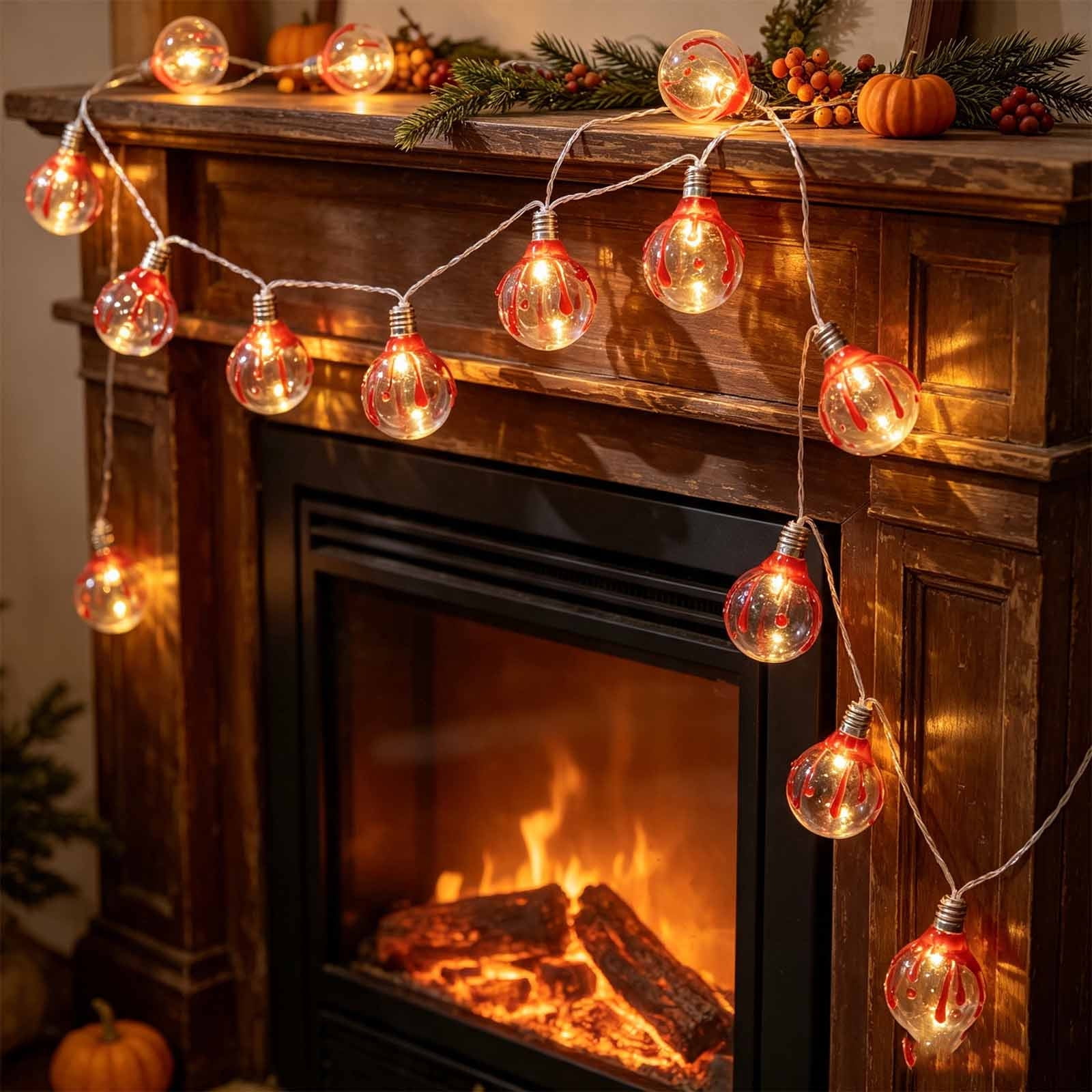 Halloween String Lights 10 LED Battery Operated Warm White Bulbs with Red Drip Design for Indoor Spooky Decor