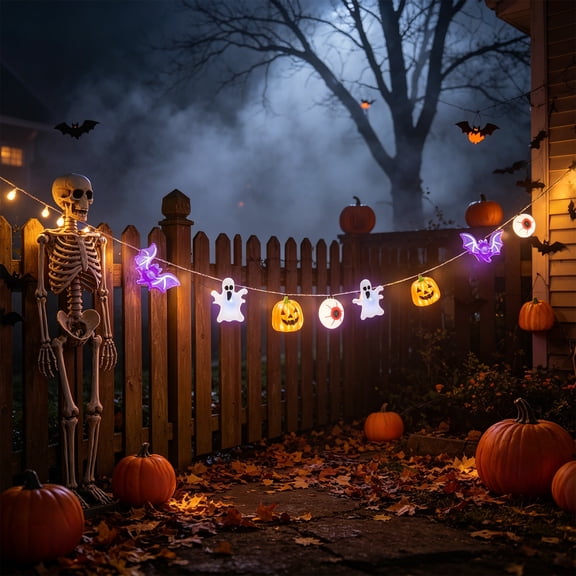 Halloween String Lights 16.4ft 50 LED Ghost Pumpkin Eyeball Bat - Battery Operated with Timer - Waterproof IP44 Copper Wire for Outdoor Indoor Decor Party Yard Home Garden Patio Porch Table Mantel