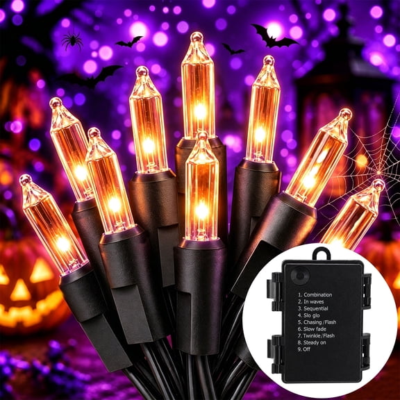 Halloween String Lights Battery Operated, 16.4Ft 50 LED Orange Fairy Lights with Timer & 8 Modes, Waterproof Indoor Outdoor Spooky Lighting for Room Porch Party Decorations