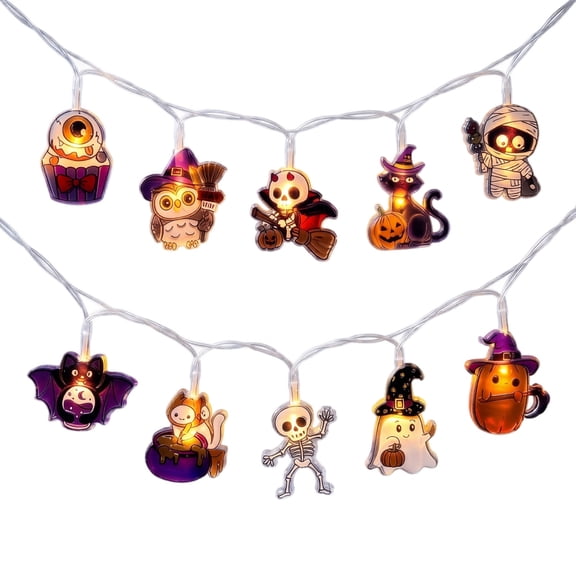 Halloween String Lights Decorative LED Light Strand with Ghost Pumpkin Bat Owl Witch Cat Mummy and Shapes