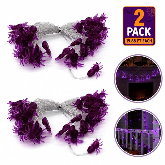 Kabuer Halloweens Spider String Lights Waterproof 19.68 ft 40 LED Battery String Light for Halloween Decor ( 2pack,Purple Light)