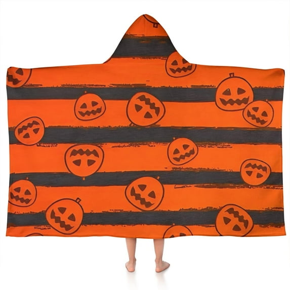 Halloween Striped Pumpkin Pattern Hooded Bath Towel,50"x30" for Ages 3 To 12 Kids, Quick Dry Lightweight Soft Microfiber Hood Beach Towel Cover Up for Kids