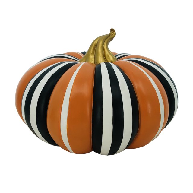 Halloween Striped Resin Pumpkin Decoration, Black/White/Orange, 10 in x