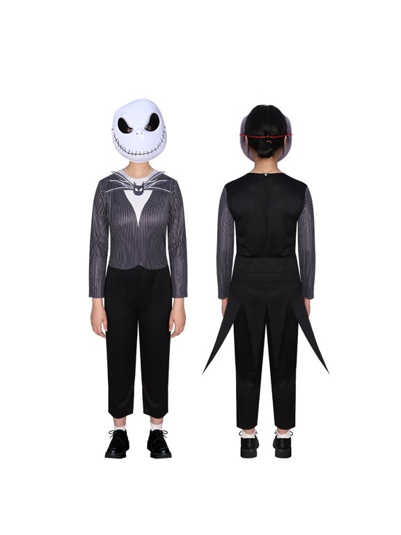 Halloween Striped Skeleton Jumpsuit Costume Gothic Nightmare Cosplay Tuxedo Outfit with Mask Bowtie for Fancy Dress Party