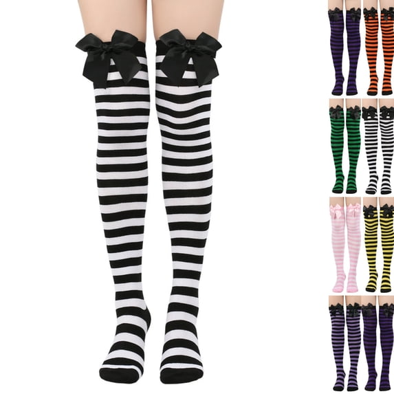 Halloween Striped Thigh High Socks With Bow Decor Stretchy Over Knee Stockings Halloween Party Costume Socks White