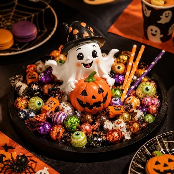 Halloween Stuff, Resin Ghost & Pumpkin Figurine, Tabletop Halloween Decorations, Mantel Decor