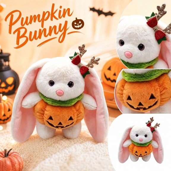Halloween Stuffed Animal Featuring Long Eared Bunny Pumpkin Outfit, Cute Soft Plush Rabbit for Bedroom and Party Decor, Adorable Bunny Gift 1 Pack