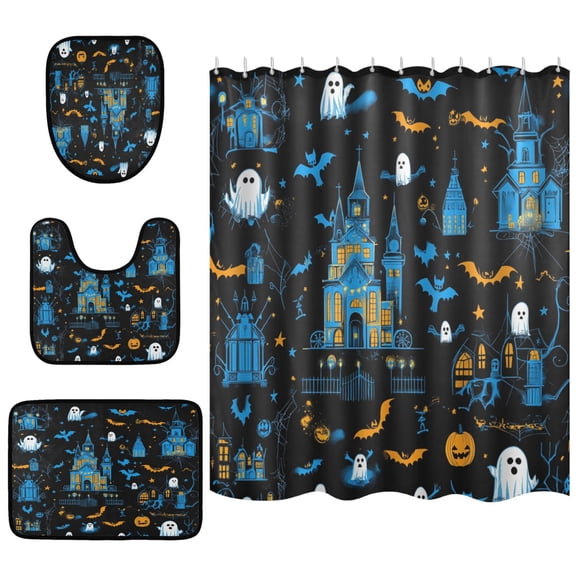 Halloween Style Design Bathroom Accessory Curtain Sets Bath Curtain Anti-Slip Mats and Toilet Pad 66x72in