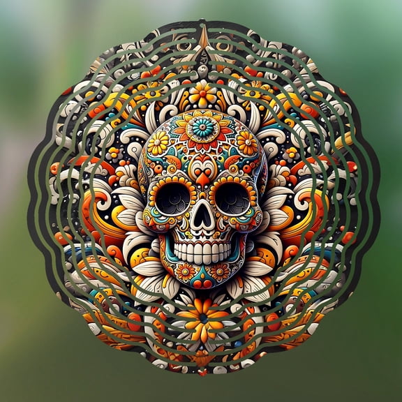 Halloween Sugar Skull 10 Inch Metal Double-Sided Rotating Wind Spinner for Garden, Lawn, Patio Outdoor Yard Decor - Durable Metal Rotating Spinner, , Easy to Hang.