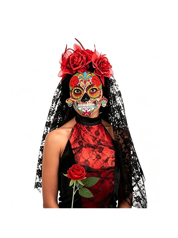 Halloween Sugar Skull Earrings for Women,Day of the Dead Dangle Earrings with Rose Veil Tattoos