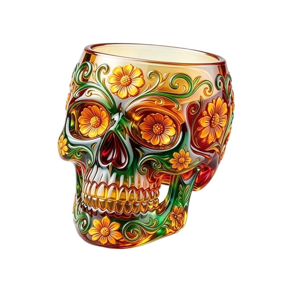 Halloween Sugar Skull Glass Cup Dia de los Muertos Themed Tumbler with Floral Details for Parties and Daily Use