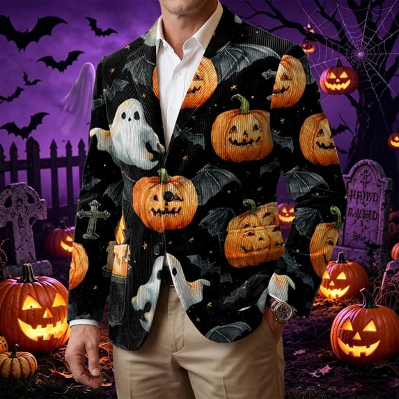 Halloween Suit Jacket for Men Corduroy Blazer Slim Fit Three Buttons Sport Coat Vintage Halloween Holiday Party Office Blazer
