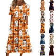 thumbnail image 1 of Halloween Summer Dresses for Women Novelty Cartoon Ghost Medieval Dress Short Sleeve Trendy Loose Fit Flowy Midi Halloween Costumes for Women Yellow XXL, 1 of 7