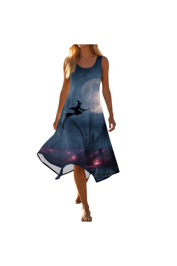 Halloween Summer Dresses for Women Casual Fashion Midi Dress Flowy Hankerchief Hem Swing Asymmetrical Dress for Women Boho Beach Halloween Party Graphic Sleeveless Dress Gray XL