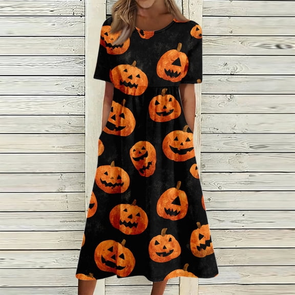 Halloween Summer Dresses for Women Comfy Funny Halloween Pumpkin Wedding Dress Short Sleeve Stylish Relaxed Fit Flowy Midi Halloween Costumes Dresses Yellow XXXL