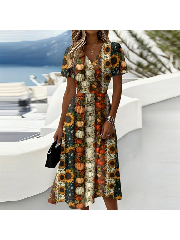 Halloween Summer Dresses for Women Spooky Print Short Sleeve Casual A-Line Knee Length Swing Dress for Halloween Party Fall Clothes