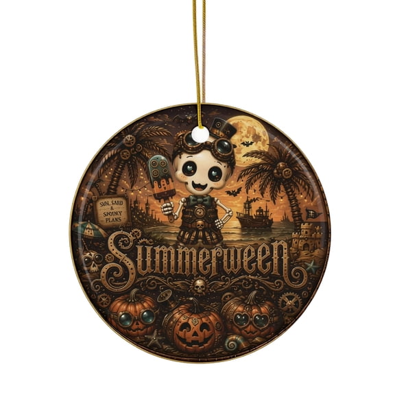 Halloween Summerween Ceramic Ornament, Steampunk Skeleton & Pumpkin Beach Scene Print, Round Hanging Decoration for Tree, Home, Party, Spooky Summer & Halloween Themed Decor, Keepsake