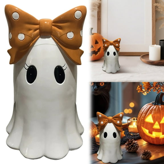 Halloween Summerween Large Resin Ghost Figurine 8" White Ghost with Orange & White Polka Dot Bow, Festive Indoor Home Dcor