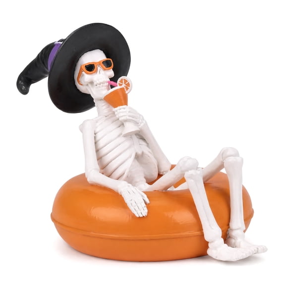 Halloween Summerween Tabletop Decor - Benson Skeleton in Orange Pool Float Sipping Cocktail Resin Figurine
