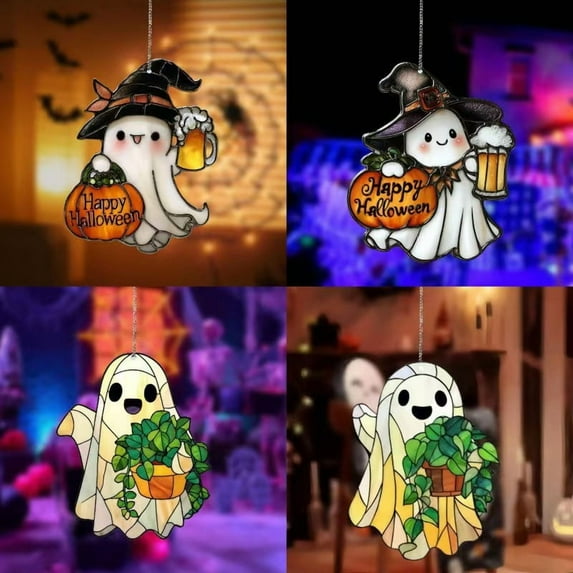 Halloween Sun Catcher - 8 Inch Round Suncatcher for Window Hanging Decoration - Creates Indoor Rainbows Light Refraction - Spooky Ghost, Witch, Pumpkin Design - Chain